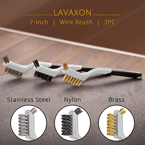 Wire Brush Set 3Pcs - Nylon/Brass/Stainless Steel Bristles with Curved Handle Grip for Rust, Dirt & Paint Scrubbing with Deep Cleaning – 7 Inches (Grey) - color: Gray