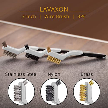 Wire Brush Set 3Pcs - Nylon/Brass/Stainless Steel Bristles with Curved Handle Grip for Rust, Dirt & Paint Scrubbing with Deep Cleaning – 7 Inches (Grey) - color: Gray