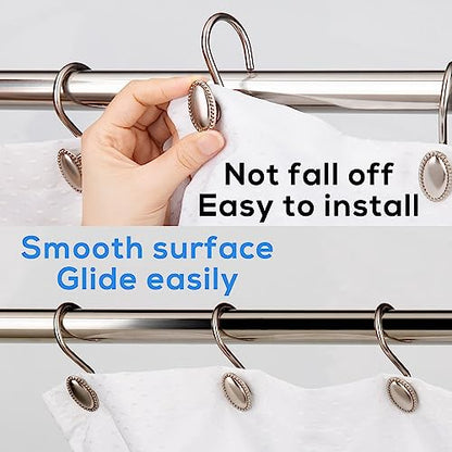 Brushed Nickel Shower Curtain Hooks, 12Pcs Heavy Duty Rustproof | Zinc alloy construction, 5mm wire, 50lb max load, smooth glide, tool-free install, fits standard rods, holds curtain & liner