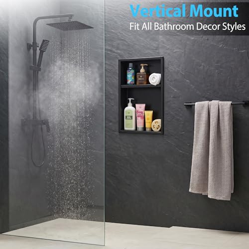 304 Stainless Steel Shower Niche 12” x 18” for Bathroom Storage | Matte Black Recessed Shower Niche No Tile Needed with 2-Tier Shelves for Bathroom Space Saving - size: 12 x 18 inch