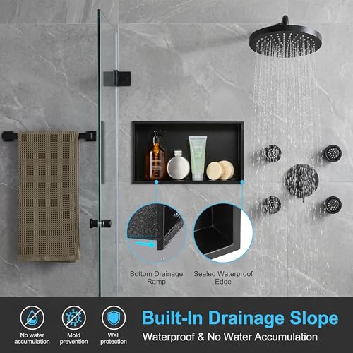 304 Stainless Steel Shower Niche 24" x 12" for Bathroom Storage | Waterproof Matte Black Recessed Shower Niche No Tile Needed - size: 24 x 12 inch