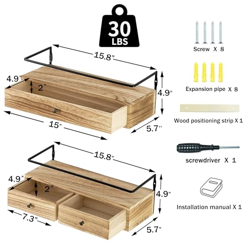 dreampossible 2-Pack Rustic Floating Shelves with Drawer, Wall Mounted Bathroom Shelf, 15.8 Inch Long, Brown Wood & Metal, 30 lbs Capacity - color: Brown, size: 15.8 Inch Long