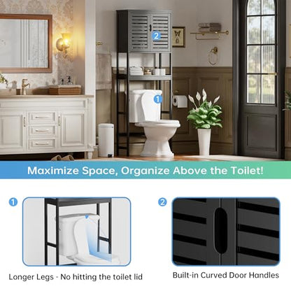 SMIBUY Bathroom Over The Toilet Storage Cabinet, 2 Door Bamboo Cabinet Organizer, Freestanding Space Saver Toilet Rack with Adjustable Inside Shelf and Open Shelf (Black) - color: Black