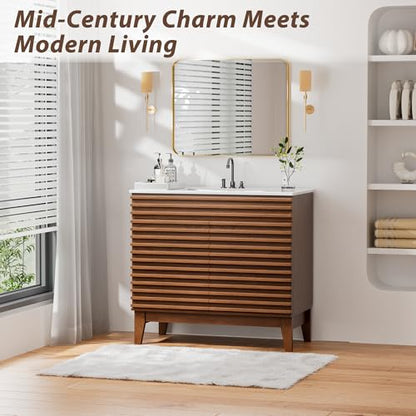 APRILSOUL 36" Bathroom Vanity with Ceramic Sink, Mid-Century Bathroom Vanity Cabinet with 2 Soft Closing Doors, Freestanding Bathroom Cabinet, Particleboard Frame with Wood Grain Laminate, Walnut - color: Walnut/ White Sink, size: 36 Inch
