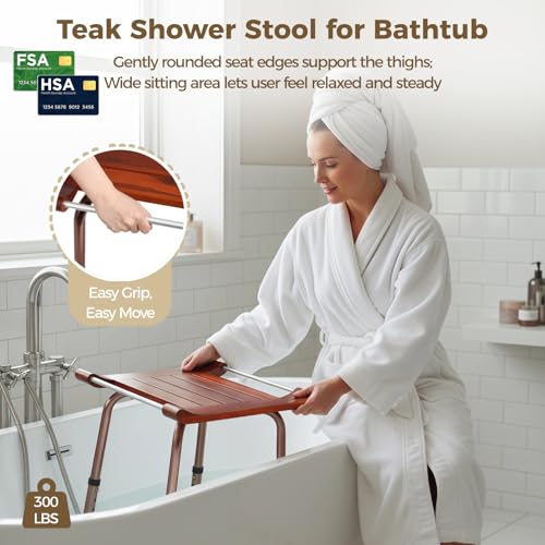 Teak Shower Bench with Handles, Waterproof Solid Wood Shower Stool, 7 Adjustable Shower Chair with Storage Towel Shelf & Drain Grooves, Easy Grip, Bathtub/Bathroom/Outdoor Use, 300 LBS