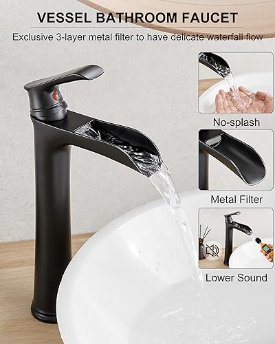Waterfall Bathroom Sink Faucet, Brass Tall Black Bathroom Faucet Single Handle Vessel Faucet, Bathroom Faucets One Hole Mixer Bowl Tap with Pop-Up Drain Water Hoses for Vanity Lavatory Farmhouse - color: Matte Black