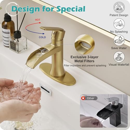 Brushed Gold Waterfall Bathroom Faucet Single Handle, 4 Inch 1 or 3 Hole Brass Bathroom Sink Faucets with Pop-Up Drain & Deck Plate for Vanity, Restroom, RV, Modern, 5 Mins Quick Install - color: Brushed Gold - Elegant