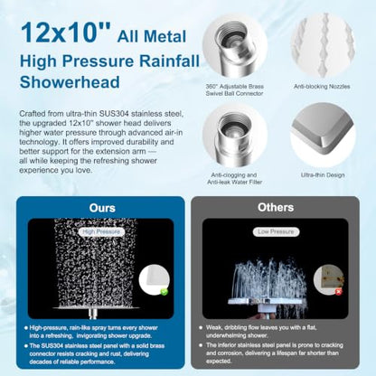 Hibbent All Metal 12" High Pressure Rain Shower Head Combo, Chrome | cUPC Certified Rainfall Shower Head with handheld 10 Sprays, 16'' Adjustable Extension Arm, 71'' Hose, Showerhead Holder - color: Chrome, style: Square 12''