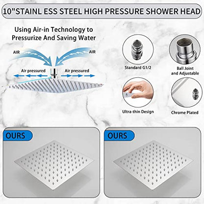 Rain Shower Head Polished Chrome with Extension Arm 10 Inch Square Shower Head with 16 Inch Shower Arm Large Stainless Steel Rainfall Showerhead Waterfall Full Body Coverage - color: Chrome, size: 10inch