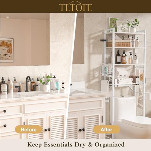 Over-The-Toilet Storage Rack, 4-Tier Bathroom Organizer Shelf Over Toilet with Adjustable Shelf and Basket, Freestanding Space Saver Bathroom Shelves Above Toilet for Room(White) - color: White