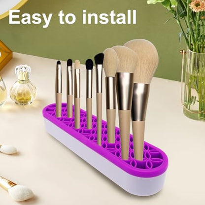 2Pcs Silicone Makeup Brush Holder Stand Purple Make Up Brushes Holder Organizer Makeup Brush Holders for Painting Pen Brushes Nail Clippers Drill Pens Ruler Sewing Craft Tools - color: Purple