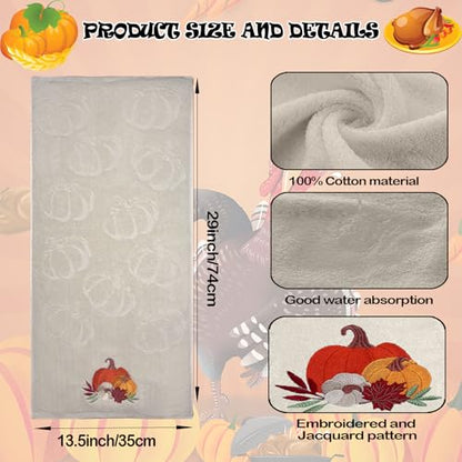 2 Pack Fall Hand Towel Jacquard Embroidered Cotton Kitchen Towels Farmhours Thankful Bath Towels Set Thanksgiving Bathroom Decor (Beige Pumpkin, 2*Hand Towel) - color: Beige Pumpkin