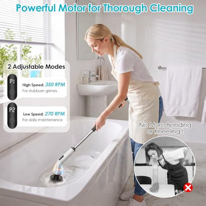 Electric Spin Scrubber for Bathroom,Power Cleaning Brush with 7 Replaceable Brush Heads, Adjustable Long Handle, Cordless Electric Shower Scrubber for Home, Floor, Kitchen & Car