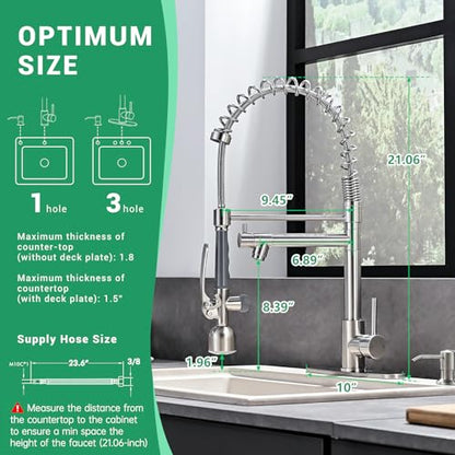 Fapully Commercial Kitchen Faucets with Pull Down Sprayer Brushed Nickel | Kitchen Sink Faucet with Soap Dispenser and Deck Plack,Single Handle 4 Hole Faucet for Kitchen Sink, 360° Swivel - color: Brushed Nickel, style: Rustic