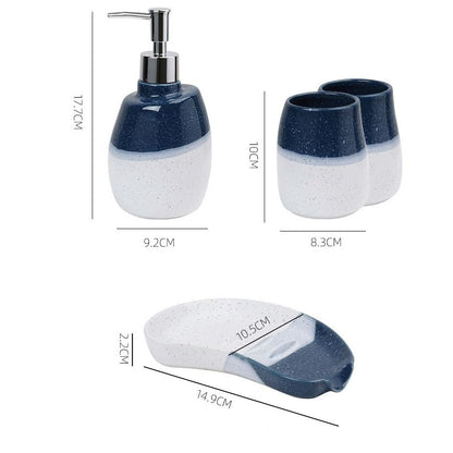Ceramic Bathroom Accessories Set of 4 Gradient White and Blue Washing Set | Includes 2 Gargle Cups, 1 Soap Dish, 1 Lotion Dispenser, Ideal For Home Decor And Gift