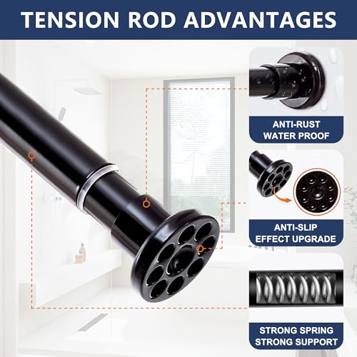 Black Shower Curtain Rod 28"-52", Never Rust Anti-Slip Adjustable Tension Curtain Rods No Drilling, Heavy Duty Spring Enlarged Diameter 1" Tension Rod for Bathroom/Closet/Room Divider - color: Black, size: 28"-52"