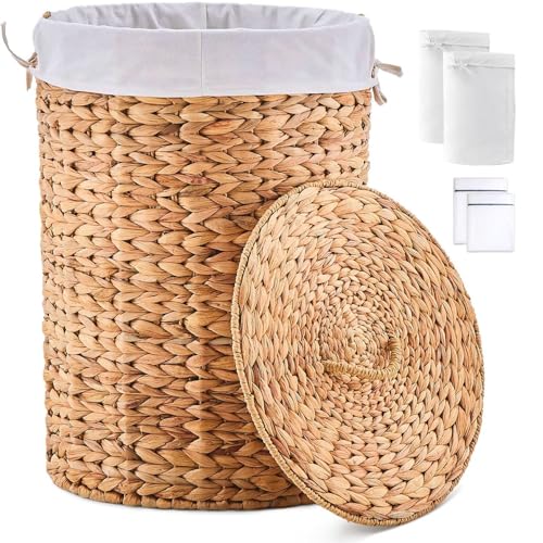 Round Water Hyacinth Laundry Hamper with Lid Handwoven Wicker Basket with Handles for Dirty Clothes, Storage, and Organization Ideal for Bedroom, Bathroom, and Laundry Room, No Assembly Required, 90L - color: Natural, size: 90L