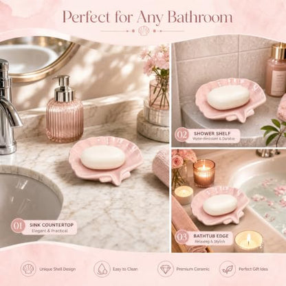 Shell Shaped Ceramic Dish, Self-Draining Glazed Soap Holder, Anti-Slip Tray for Bathroom, Shower & Sink, Cute Elegant Organizer, Easy to Clean – Pink - color: Pink