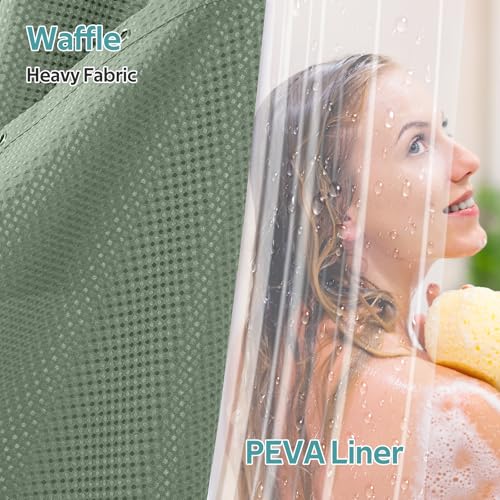 3 in 1 Shower Curtain Set, Waffle Shower Curtain and Liner Set with 12 Double Sided Shower Curtain Hooks, 258GSM Luxury Weighted Cloth Shower Curtains for Bathroom, 72 W x 84 H, Sage Green - color: Sage Green, size: 72"W x 84"L (Pack of 1)