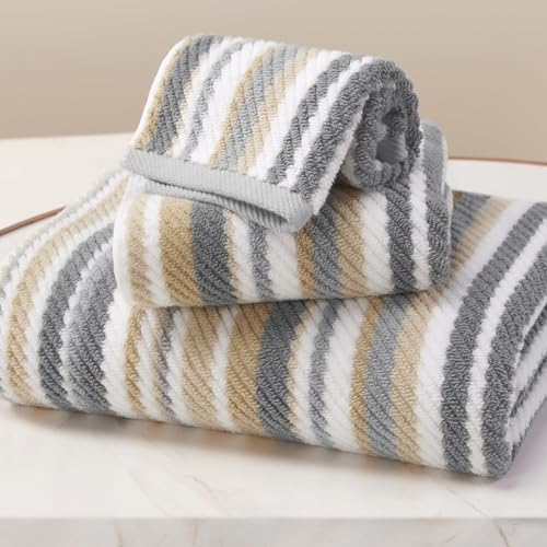 VOOVA & MOVAS Striped Towels 3 Pack, 100% Cotton, Gray Beige | All-Around Bathroom Use, 13x13, 16x27, 28x52 In, Quick Dry, Soft, Absorbent, Bath Towels with Hanging Loops - color: Beige + Gray Striped, size: 3 PCS Bathroom Towels