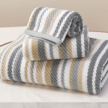 VOOVA & MOVAS Striped Towels 3 Pack, 100% Cotton, Gray Beige | All-Around Bathroom Use, 13x13, 16x27, 28x52 In, Quick Dry, Soft, Absorbent, Bath Towels with Hanging Loops - color: Beige + Gray Striped, size: 3 PCS Bathroom Towels