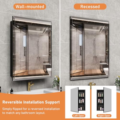 20X26 Inches Medicine Cabinet, Wall Mounted Bathroom Cabinet wirh Beveled Mirror, Recessed or Surface Medicine Cabinet with Storage - size: 20X26 IN