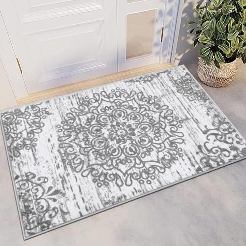 HEBE Indoor Door Mat 2'x3', Washable Welcome Mat for Front Door Entrance | Non Slip Soft Boho Entryway Rug, Vintage Distressed Low-Pile Entry Mats Floor Carpet for Entrance, Porch, Bathroom - color: Grey, size: 2' x 3' (Rectangular)