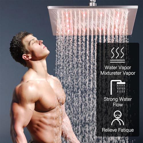 NeierThodore 12" LED Square Rainfall Shower Head Brushed Nickel Top Sprayer Shower Head Wall/Ceiling Mounted - color: Brushed Nickel, size: 12 Inch