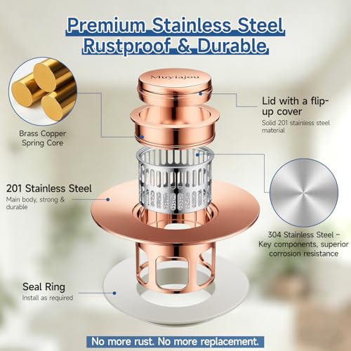 1.4"-2.6" Flip-Cover Bathtub Drain Stopper, 2 Strainers（1,Rose Gold） | Flush-fit tool-free drain hair catcher, no springs, rustproof. Press to seal/drain, stops puddles. Durable - color: Flip Rose Gold