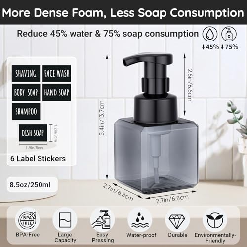 Segbeauty Square Foaming Soap Dispenser Bathroom, 2pcs 8.5oz Gray Foam Soap Dispenser for Kitchen Sink, 250ml Small Plastic Foam Bottle with Waterproof Labels, Foaming Bottle Set for Shampoo Face Wash - color: Gray, style: 2pcs 8.5oz