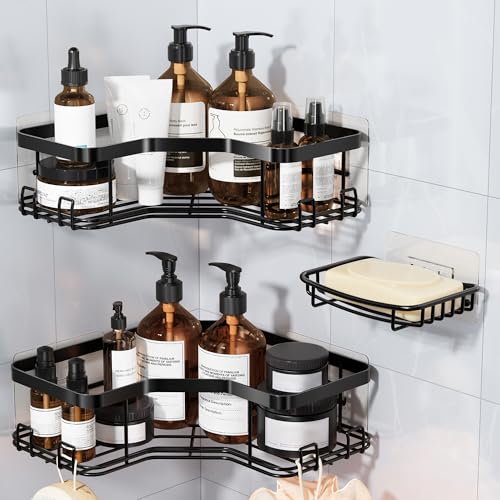 MAXIFFE 3 Pack Corner Shower Caddy with Soap Holder, Large Capacity Sturdy Adhesive Stainless Steel No Drilling Shower Organizer Shelves Rack Storage Inside Shower for Bathroom Family Renters, Black - color: Black XL