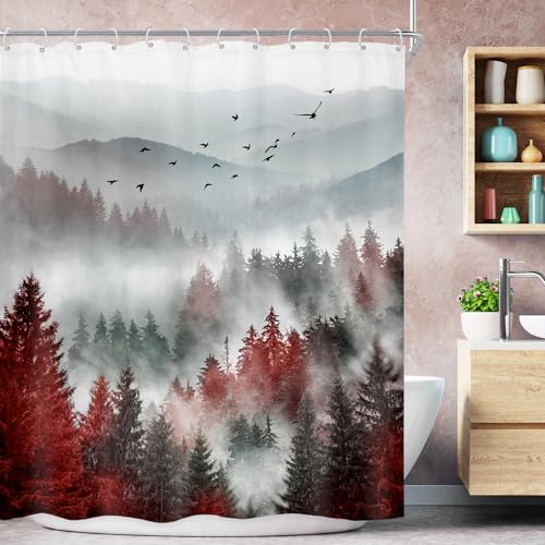 Red Black Mountain Nature Woods Scenery Bathroom Shower Curtain Set | 60"W x 72"L shower curtain， Foggy Scenic: HD waterproof print, quick-dry cloth, free hooks for easy installation. - color: A-04red, size: 60"W x 72"L (Pack of 1)