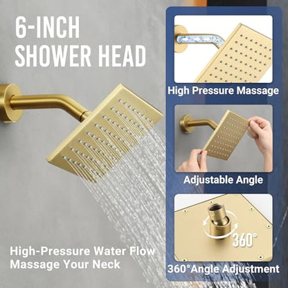 Thermostatic Dual Rianfall Shower System with 6+16-Inch Shower Heads, Ceiling Mount Full Body Rain Shower Faucet Set with Double High Pressure HandHeld Sprayer for 2-Person (Brushed Gold) - color: Brushed Gold