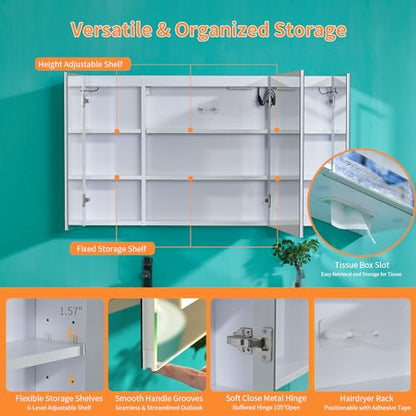 VINGLI LED Lighted Medicine Cabinet with Intelligent Mirror, Bluetooth Speaker, Weather & Temp Display, Anti-Fog, Built-in Outlet & USB, Large 3-Door Bathroom Mirror Cabinet,48 Inch, Need Assembly - size: 6"D x 48"W x 28"H
