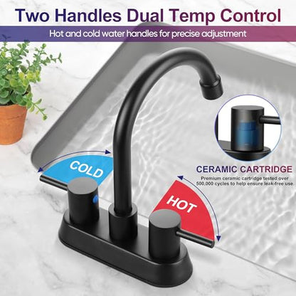 2 Pack Matte Black Bathroom Faucet for 3 Hole, Herogo 4 Inch 2-Handle Bathroom Sink Faucet with Pop-Up Drain and Supply Hoses, 18/10 Stainless Steel Faucets for RV Vanity - color: Matte Black, style: Round Handles-2 Set