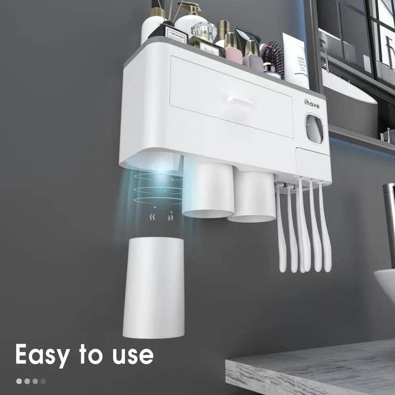 iHave Toothbrush Holders Wall Mounted with Toothpaste Dispenser & 3 Cups | All-in-One Bathroom Organizer: 3 Cups, 6 Slots, Toothpaste Dispenser, Large Tray & Drawer. Wall Mount, No Drilling Required - color: White, size: 3 cup