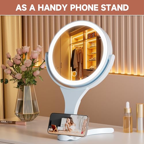 Hasipu Makeup Mirror with Lights 2000mAh Rechargeable Travel Mirror | 1X/10X Magnifying, Phone Stand Design, Rechargeable, 360° Rotatable, 3 Color Dimmable, Tabletop, Handhold, Hanging, Blue - color: Blue
