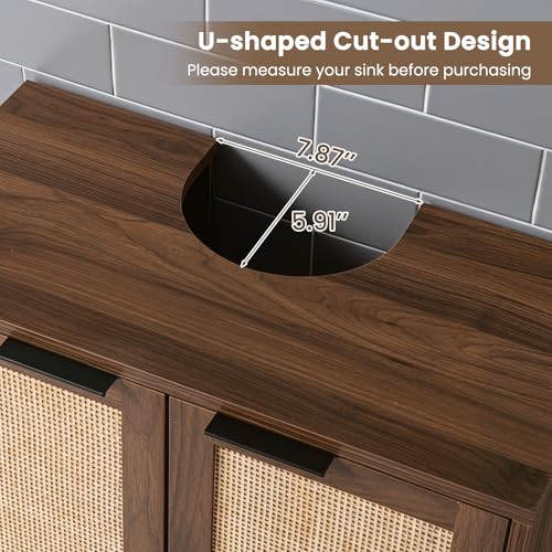 24-inch Pedestal Sink Storage Cabinet, Under Sink Cabinet (Brown) | U-Shaped Cut-Out | 2 Rattan Doors & Shelf | Solid Metal Legs - color: Brown