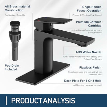 GENBONS Black Bathroom Faucets 1 Hole Single Handle Bathroom Sink Faucet with Pop-up Drain and 3 Hole Sink Deck Plate Rv Lavatory Vessel Faucet Basin Mixer Tap - color: Matte Black