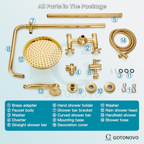 gotonovo Exposed Shower System Wall Mount,Polish Gold,Metal Handheld | 8” Rain Shower Head Faucet Set Fixtures,2 Function,Two Cross Handle,Height Adjustable,for 5-6.7" Hole,Indoor Victorian Retro - color: Bright Gold