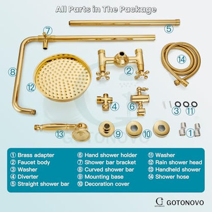 gotonovo Exposed Shower System Wall Mount,Polish Gold,Metal Handheld | 8” Rain Shower Head Faucet Set Fixtures,2 Function,Two Cross Handle,Height Adjustable,for 5-6.7" Hole,Indoor Victorian Retro - color: Bright Gold