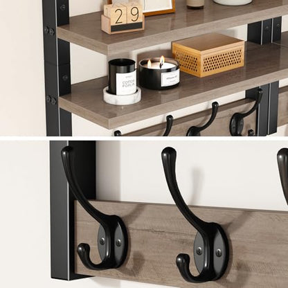 YMYNY Double Shelf Coat Rack Wall Mount with 8 Hooks, Silver Gray HWS009Y-2 | Wooden Coat Hanger Key Holder Wall Mount for Coats Hats Keys - Wood Wall Mounted Coat Rack with Shelf for Entryway & Bathroom - color: Silver Gray