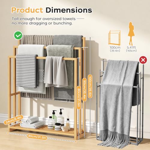 Bamboo Towel Rack Stand, 3 Tier Freestanding Bathroom Towel Drying Rack | 31.5"W × 9.4"D × 39.4"H • Natural • Waterproof • Blanket rack • Blanket holder • Ventilated • Bottom shelf • Anti-tip - color: Natural