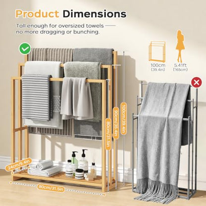 Bamboo Towel Rack Stand, 3 Tier Freestanding Bathroom Towel Drying Rack | 31.5"W × 9.4"D × 39.4"H • Natural • Waterproof • Blanket rack • Blanket holder • Ventilated • Bottom shelf • Anti-tip - color: Natural