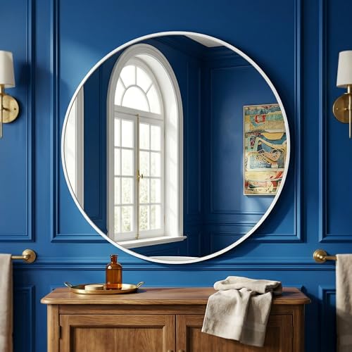 HARRITPURE 24 Inch Round Mirror White Circle Bathroom Mirror | Modern Aluminum Alloy Frame Wall Mounted Vanity Mirror for Living Room, Bedroom, Entryway - color: White, size: 24"L x 24"W