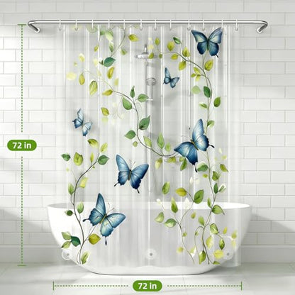 Clear Green Vine Blue Butterfly Shower Curtain Liner, Plastic Transparent Green Plant Shower Curtains for Bathroom, 72x72 Weighted Magnetic Shower Curtain Set with 12 Hooks - color: Clear Leaves Blue Butterfly, size: 72"W x 72"L (Pack of 1)