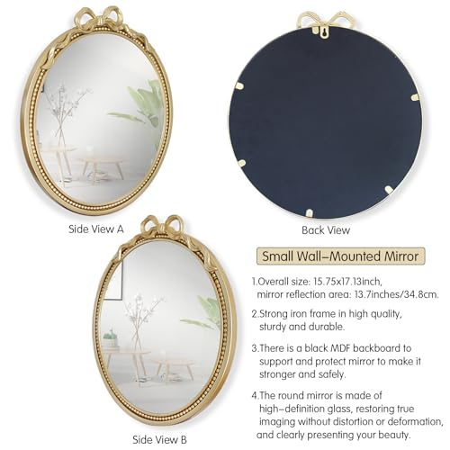 15.75" Small Gold Bow Decorative Round Mirror | Metal Frame, Wall Mounted, For Entryway, Bathroom, Living Room, Mini Size