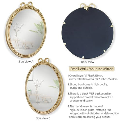 15.75" Small Gold Bow Decorative Round Mirror | Metal Frame, Wall Mounted, For Entryway, Bathroom, Living Room, Mini Size