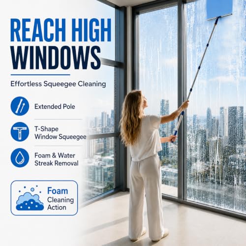 Window Squeegee with 75" Extension Pole, ITTAR Rubber Water Wiper for Glass | Durable Stainless Steel Rod, Rotatable Head for Window Edge, Chenille & Microfiber Pad, Squeegee for Variety Cleaning Needs - color: Blue&white-4
