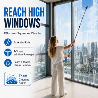 Window Squeegee with 75" Extension Pole, ITTAR Rubber Water Wiper for Glass | Durable Stainless Steel Rod, Rotatable Head for Window Edge, Chenille & Microfiber Pad, Squeegee for Variety Cleaning Needs - color: Blue&white-4